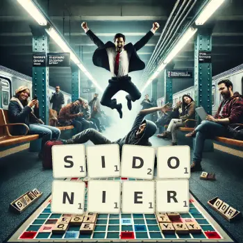 Kreative Illustration für ein Scrabble-Spiel, bei dem das Wort SIDONIER mit Steinen auf dem Brett gelegt wurde.