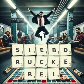 Kreative Illustration für ein Scrabble-Spiel, bei dem das Wort SIEBDRUCKEREI mit Steinen auf dem Brett gelegt wurde.