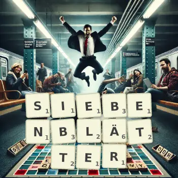 Kreative Illustration für ein Scrabble-Spiel, bei dem das Wort SIEBENBLÄTTER mit Steinen auf dem Brett gelegt wurde.