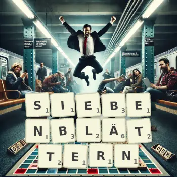 Kreative Illustration für ein Scrabble-Spiel, bei dem das Wort SIEBENBLÄTTERN mit Steinen auf dem Brett gelegt wurde.