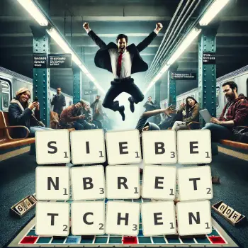 Kreative Illustration für ein Scrabble-Spiel, bei dem das Wort SIEBENBRETTCHEN mit Steinen auf dem Brett gelegt wurde.