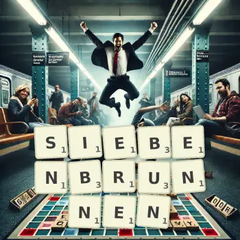 Kreative Illustration für ein Scrabble-Spiel, bei dem das Wort SIEBENBRUNNEN mit Steinen auf dem Brett gelegt wurde.