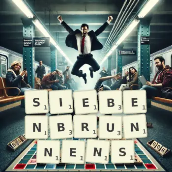 Kreative Illustration für ein Scrabble-Spiel, bei dem das Wort SIEBENBRUNNENS mit Steinen auf dem Brett gelegt wurde.