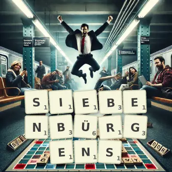 Kreative Illustration für ein Scrabble-Spiel, bei dem das Wort SIEBENBÜRGENS mit Steinen auf dem Brett gelegt wurde.