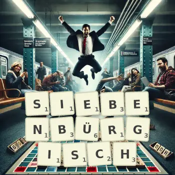 Kreative Illustration für ein Scrabble-Spiel, bei dem das Wort SIEBENBÜRGISCH mit Steinen auf dem Brett gelegt wurde.