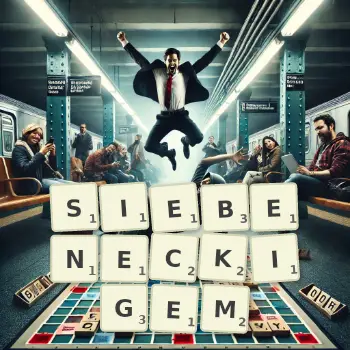 Kreative Illustration für ein Scrabble-Spiel, bei dem das Wort SIEBENECKIGEM mit Steinen auf dem Brett gelegt wurde.
