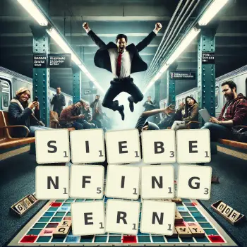 Kreative Illustration für ein Scrabble-Spiel, bei dem das Wort SIEBENFINGERN mit Steinen auf dem Brett gelegt wurde.