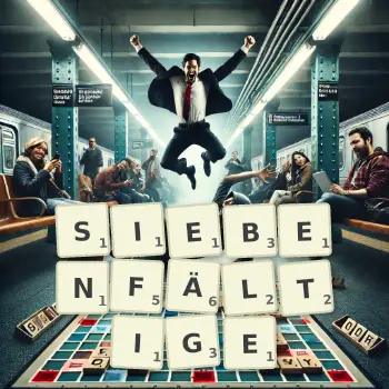 Kreative Illustration für ein Scrabble-Spiel, bei dem das Wort SIEBENFÄLTIGE mit Steinen auf dem Brett gelegt wurde.