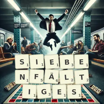Kreative Illustration für ein Scrabble-Spiel, bei dem das Wort SIEBENFÄLTIGES mit Steinen auf dem Brett gelegt wurde.