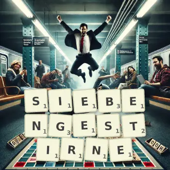 Kreative Illustration für ein Scrabble-Spiel, bei dem das Wort SIEBENGESTIRNE mit Steinen auf dem Brett gelegt wurde.