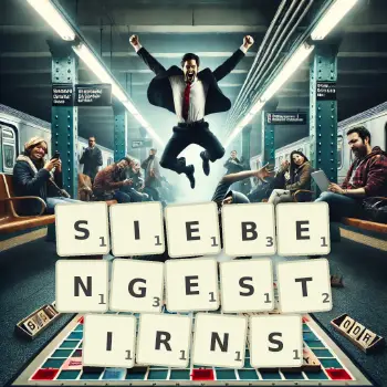 Kreative Illustration für ein Scrabble-Spiel, bei dem das Wort SIEBENGESTIRNS mit Steinen auf dem Brett gelegt wurde.