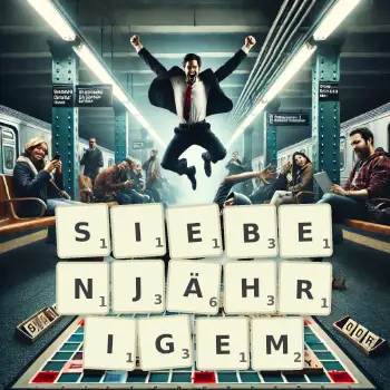 Kreative Illustration für ein Scrabble-Spiel, bei dem das Wort SIEBENJÄHRIGEM mit Steinen auf dem Brett gelegt wurde.