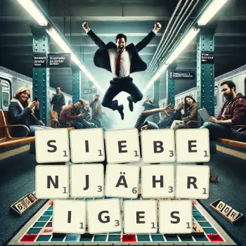 Kreative Illustration für ein Scrabble-Spiel, bei dem das Wort SIEBENJÄHRIGES mit Steinen auf dem Brett gelegt wurde.