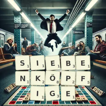 Kreative Illustration für ein Scrabble-Spiel, bei dem das Wort SIEBENKÖPFIGE mit Steinen auf dem Brett gelegt wurde.