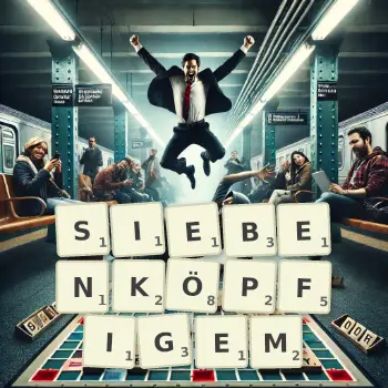Kreative Illustration für ein Scrabble-Spiel, bei dem das Wort SIEBENKÖPFIGEM mit Steinen auf dem Brett gelegt wurde.