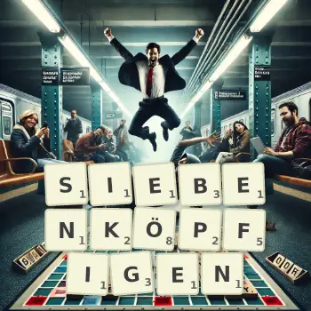 Kreative Illustration für ein Scrabble-Spiel, bei dem das Wort SIEBENKÖPFIGEN mit Steinen auf dem Brett gelegt wurde.