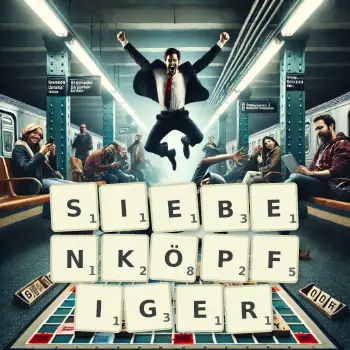 Kreative Illustration für ein Scrabble-Spiel, bei dem das Wort SIEBENKÖPFIGER mit Steinen auf dem Brett gelegt wurde.