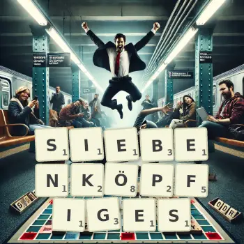 Kreative Illustration für ein Scrabble-Spiel, bei dem das Wort SIEBENKÖPFIGES mit Steinen auf dem Brett gelegt wurde.