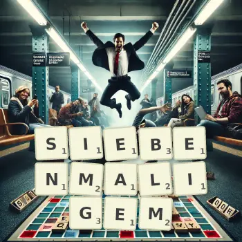 Kreative Illustration für ein Scrabble-Spiel, bei dem das Wort SIEBENMALIGEM mit Steinen auf dem Brett gelegt wurde.