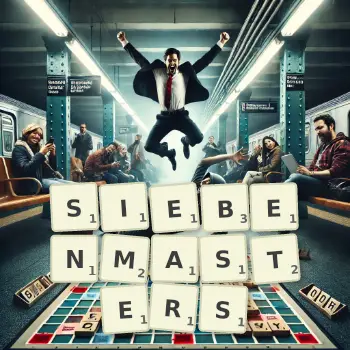 Kreative Illustration für ein Scrabble-Spiel, bei dem das Wort SIEBENMASTERS mit Steinen auf dem Brett gelegt wurde.