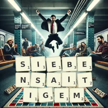 Kreative Illustration für ein Scrabble-Spiel, bei dem das Wort SIEBENSAITIGEM mit Steinen auf dem Brett gelegt wurde.