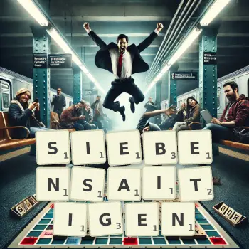 Kreative Illustration für ein Scrabble-Spiel, bei dem das Wort SIEBENSAITIGEN mit Steinen auf dem Brett gelegt wurde.
