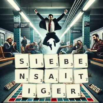 Kreative Illustration für ein Scrabble-Spiel, bei dem das Wort SIEBENSAITIGER mit Steinen auf dem Brett gelegt wurde.