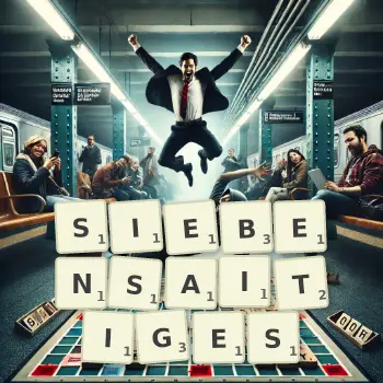 Kreative Illustration für ein Scrabble-Spiel, bei dem das Wort SIEBENSAITIGES mit Steinen auf dem Brett gelegt wurde.