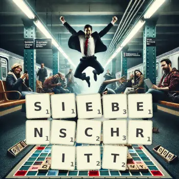 Kreative Illustration für ein Scrabble-Spiel, bei dem das Wort SIEBENSCHRITT mit Steinen auf dem Brett gelegt wurde.