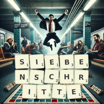 Kreative Illustration für ein Scrabble-Spiel, bei dem das Wort SIEBENSCHRITTE mit Steinen auf dem Brett gelegt wurde.