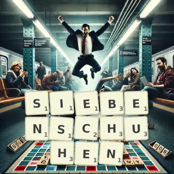 Kreative Illustration für ein Scrabble-Spiel, bei dem das Wort SIEBENSCHUHEN mit Steinen auf dem Brett gelegt wurde.