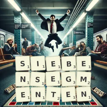 Kreative Illustration für ein Scrabble-Spiel, bei dem das Wort SIEBENSEGMENTEN mit Steinen auf dem Brett gelegt wurde.