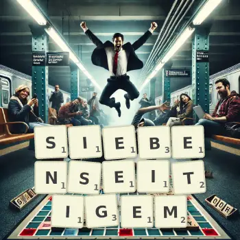 Kreative Illustration für ein Scrabble-Spiel, bei dem das Wort SIEBENSEITIGEM mit Steinen auf dem Brett gelegt wurde.
