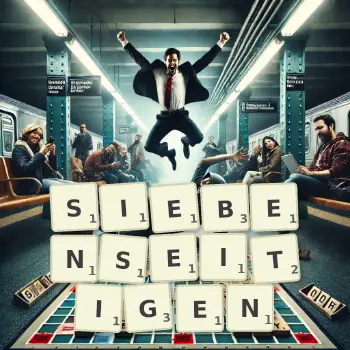 Kreative Illustration für ein Scrabble-Spiel, bei dem das Wort SIEBENSEITIGEN mit Steinen auf dem Brett gelegt wurde.