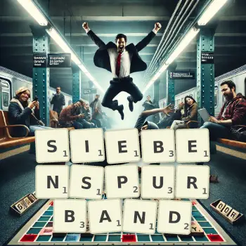Kreative Illustration für ein Scrabble-Spiel, bei dem das Wort SIEBENSPURBAND mit Steinen auf dem Brett gelegt wurde.
