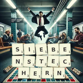 Kreative Illustration für ein Scrabble-Spiel, bei dem das Wort SIEBENSTECHERN mit Steinen auf dem Brett gelegt wurde.
