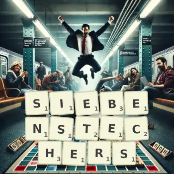 Kreative Illustration für ein Scrabble-Spiel, bei dem das Wort SIEBENSTECHERS mit Steinen auf dem Brett gelegt wurde.