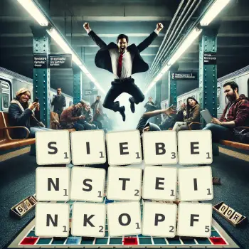 Kreative Illustration für ein Scrabble-Spiel, bei dem das Wort SIEBENSTEINKOPF mit Steinen auf dem Brett gelegt wurde.