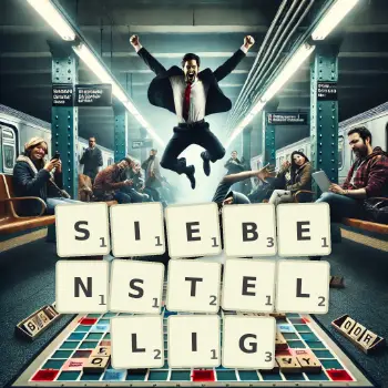 Kreative Illustration für ein Scrabble-Spiel, bei dem das Wort SIEBENSTELLIG mit Steinen auf dem Brett gelegt wurde.