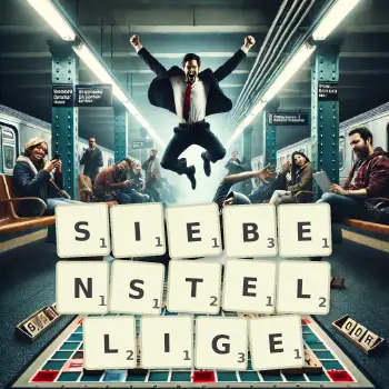 Kreative Illustration für ein Scrabble-Spiel, bei dem das Wort SIEBENSTELLIGE mit Steinen auf dem Brett gelegt wurde.