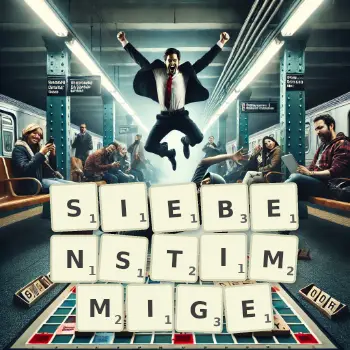 Kreative Illustration für ein Scrabble-Spiel, bei dem das Wort SIEBENSTIMMIGE mit Steinen auf dem Brett gelegt wurde.