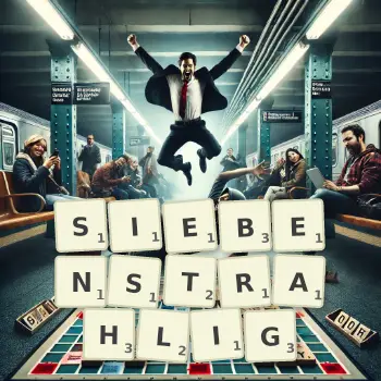 Kreative Illustration für ein Scrabble-Spiel, bei dem das Wort SIEBENSTRAHLIG mit Steinen auf dem Brett gelegt wurde.