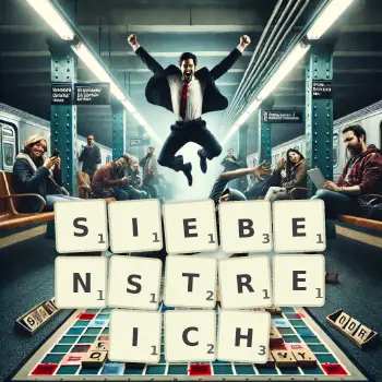 Kreative Illustration für ein Scrabble-Spiel, bei dem das Wort SIEBENSTREICH mit Steinen auf dem Brett gelegt wurde.