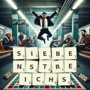 Kreative Illustration für ein Scrabble-Spiel, bei dem das Wort SIEBENSTREICHS mit Steinen auf dem Brett gelegt wurde.