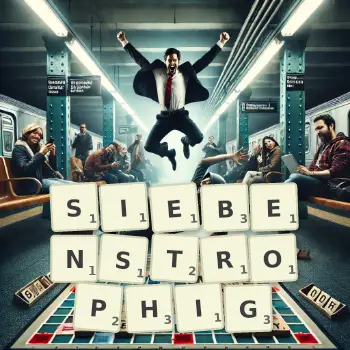 Kreative Illustration für ein Scrabble-Spiel, bei dem das Wort SIEBENSTROPHIG mit Steinen auf dem Brett gelegt wurde.