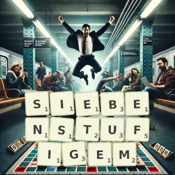 Kreative Illustration für ein Scrabble-Spiel, bei dem das Wort SIEBENSTUFIGEM mit Steinen auf dem Brett gelegt wurde.