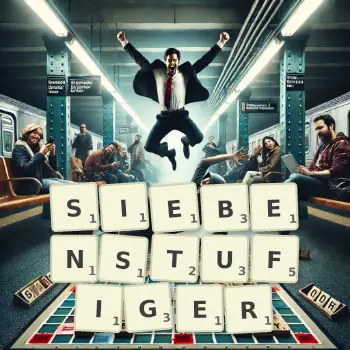 Kreative Illustration für ein Scrabble-Spiel, bei dem das Wort SIEBENSTUFIGER mit Steinen auf dem Brett gelegt wurde.