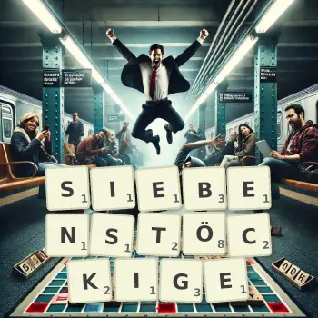 Kreative Illustration für ein Scrabble-Spiel, bei dem das Wort SIEBENSTÖCKIGE mit Steinen auf dem Brett gelegt wurde.