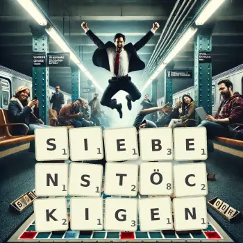 Kreative Illustration für ein Scrabble-Spiel, bei dem das Wort SIEBENSTÖCKIGEN mit Steinen auf dem Brett gelegt wurde.