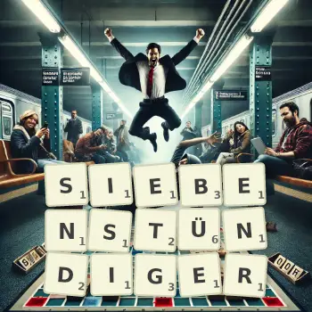 Kreative Illustration für ein Scrabble-Spiel, bei dem das Wort SIEBENSTÜNDIGER mit Steinen auf dem Brett gelegt wurde.